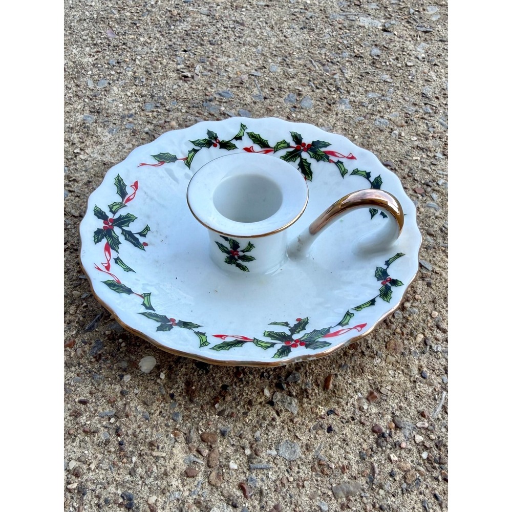 Vintage Lefton China Holly Berry Chamberstick Candle Holder 03053 Japan Xmas